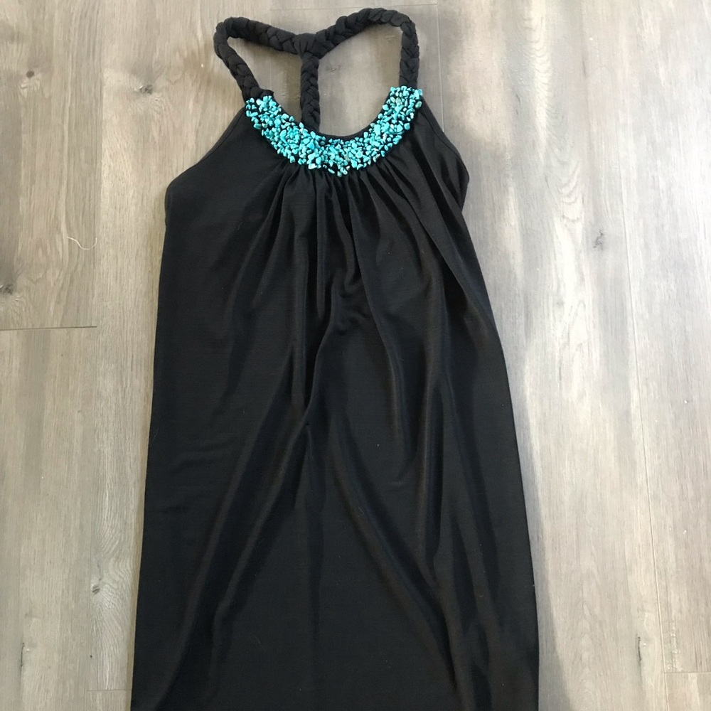 🌸Black T-Strap Dress with Turquoise Beading